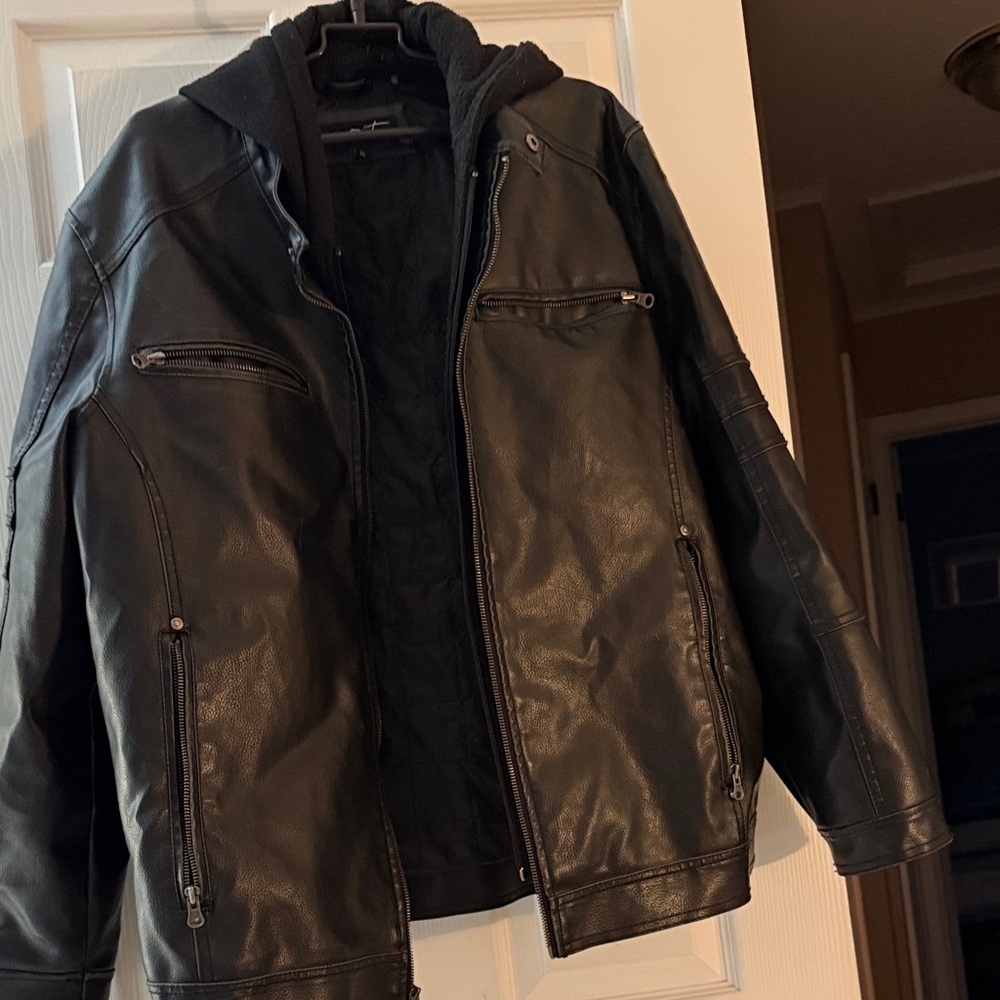 Black Rivet Men's Black Leather Jacket with Hoodie